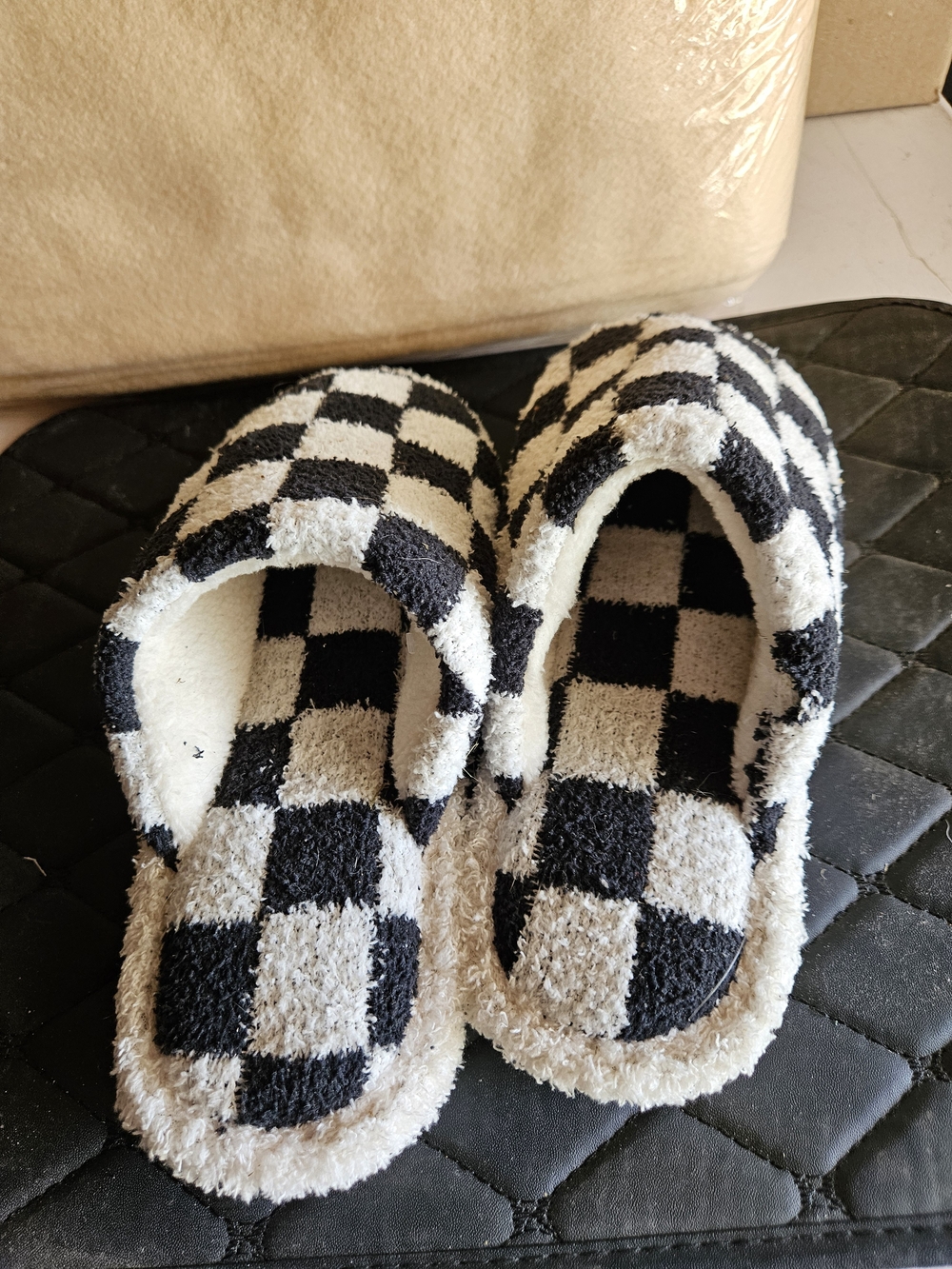 Black and White Checkered Plush Slide Slippers